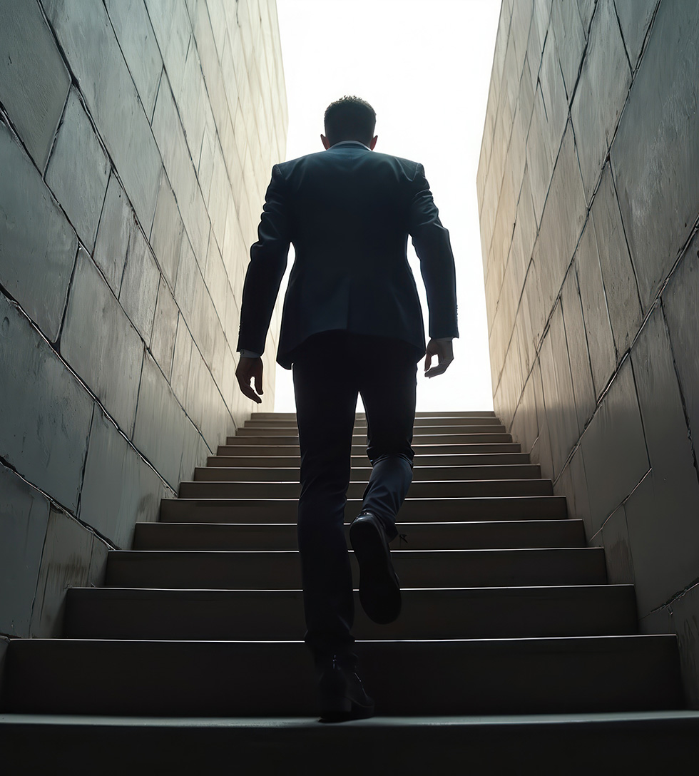 Silhouette of man in suit walks up concrete stairs towards bright light. Goal, progress, career, future. Ambition, challenge, growth, moving forward. Strategy, decision, rise. Success, journey,